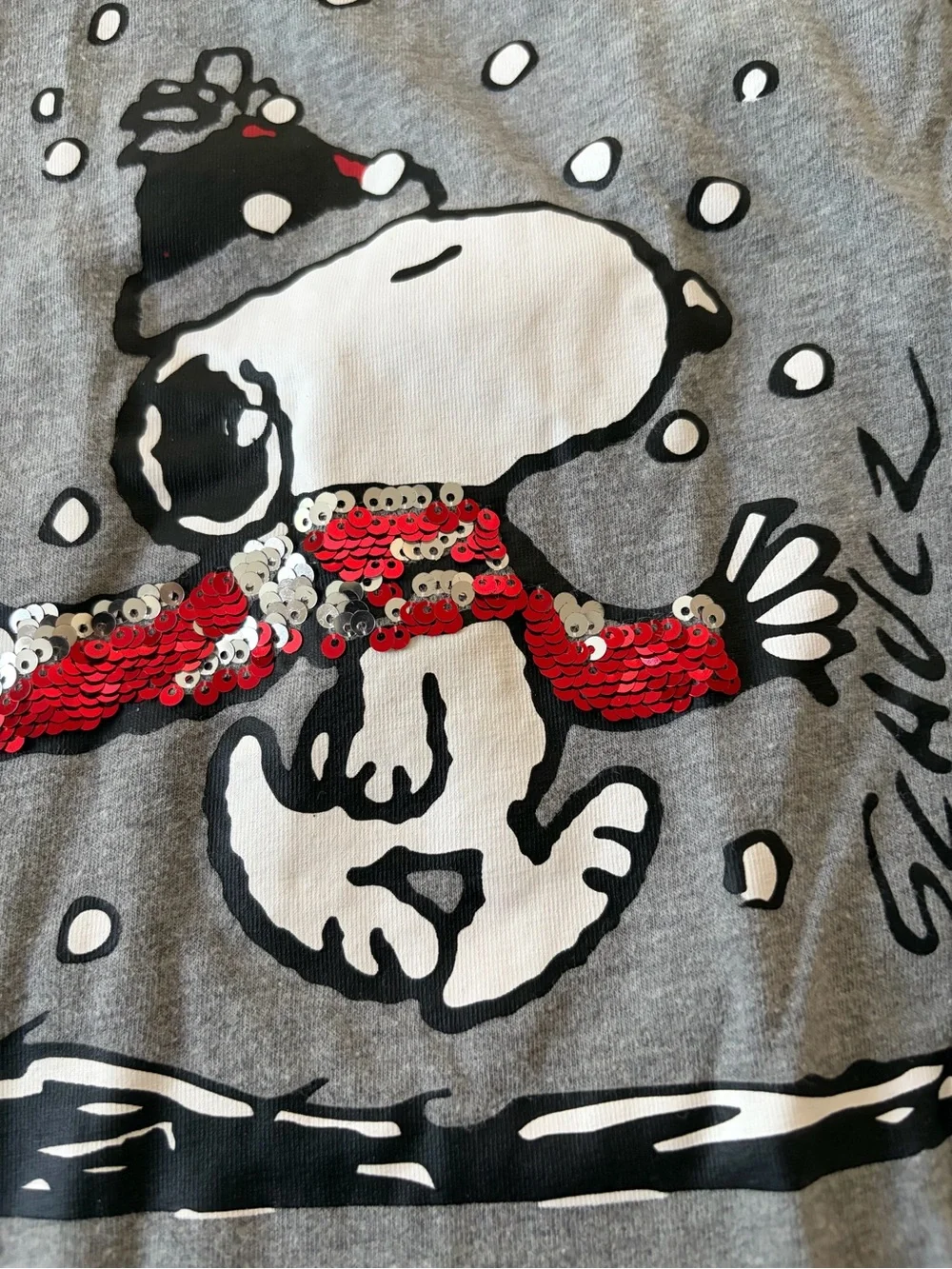 GAP Gray Snoopy Long-Sleeve Tee with Red Sequin Scarf